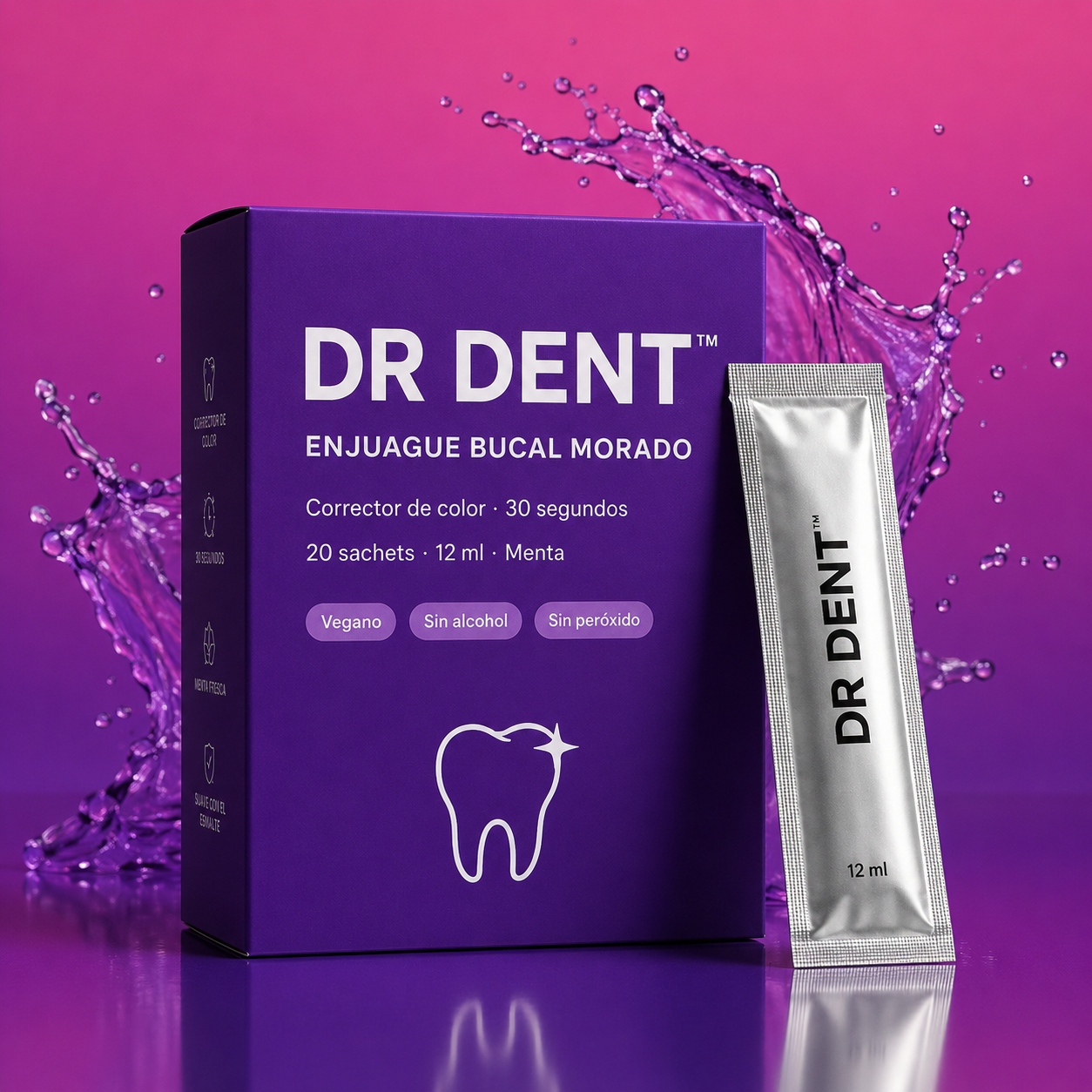 Enjuague Bucal Morado DR DENT - caja de 20 sachets con sachet plateado