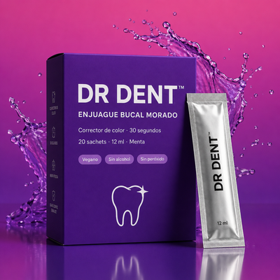 Enjuague Bucal Morado DR DENT - caja de 20 sachets con sachet plateado
