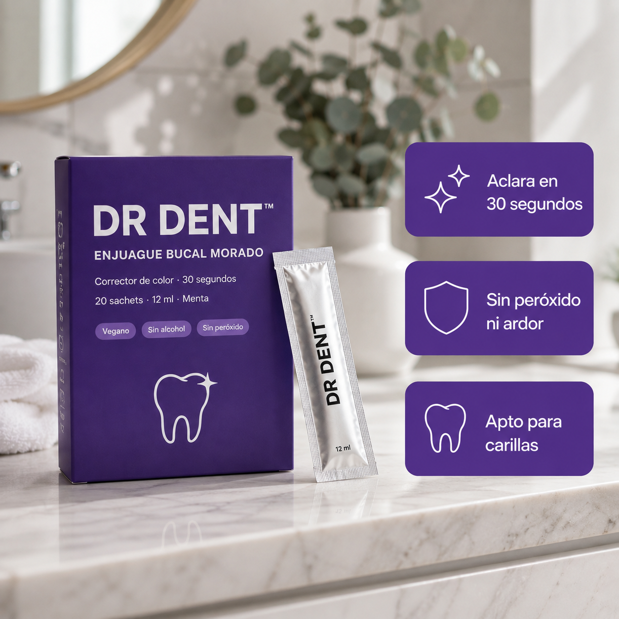 DR DENT en el bano con beneficios: aclara en 30 segundos, sin peroxido, apto para carillas