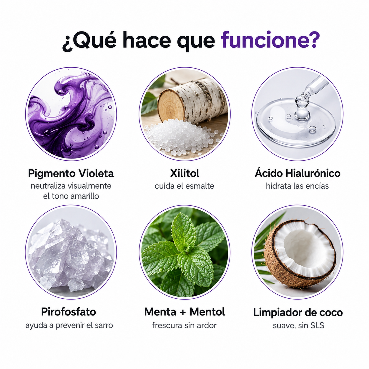 Que hace que funcione: pigmento violeta, xilitol, acido hialuronico, pirofosfato, menta, coco