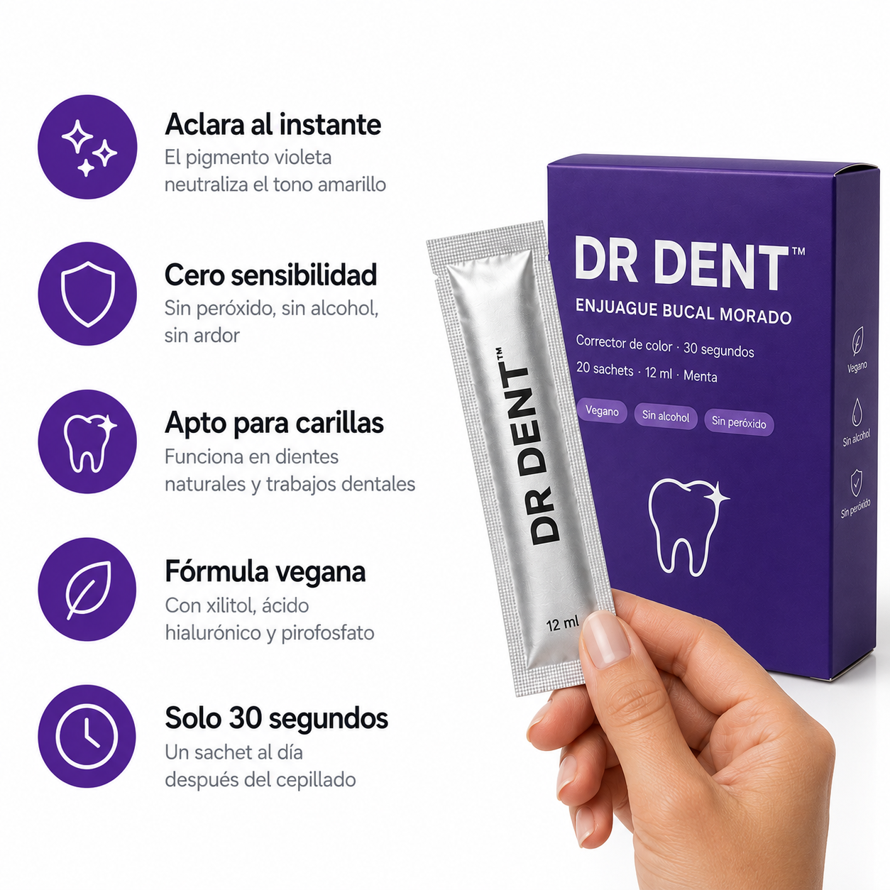 Beneficios DR DENT: aclara al instante, cero sensibilidad, apto para carillas, formula vegana, 30 segundos