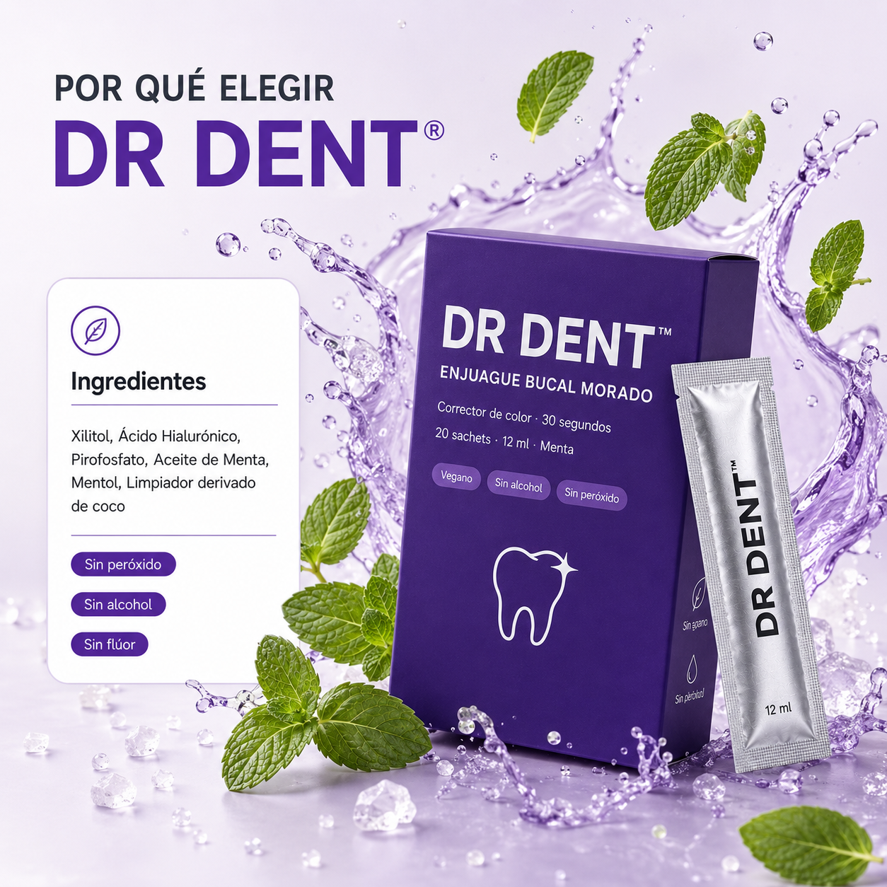 Por que elegir DR DENT - ingredientes con menta y splash morado
